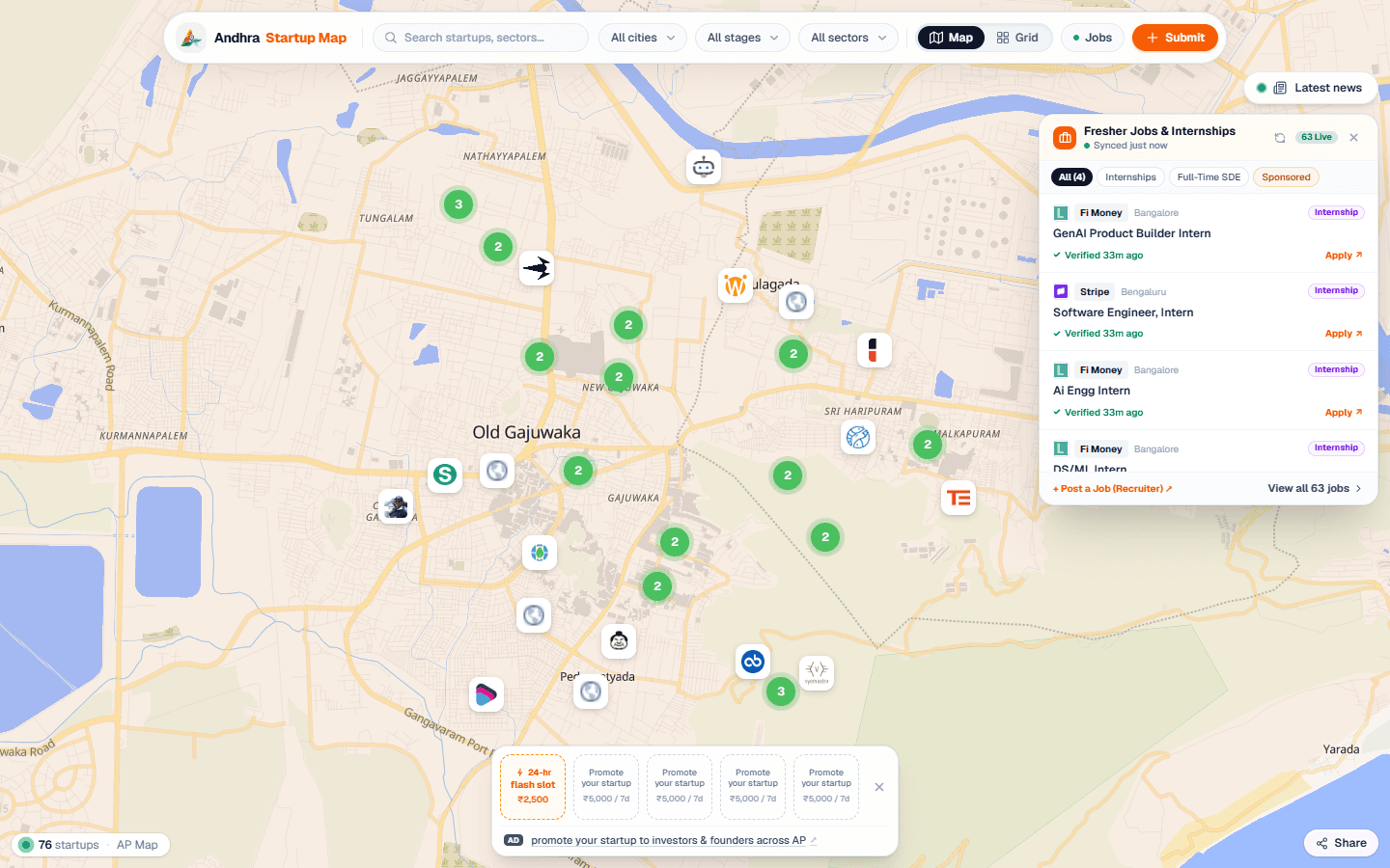 The map zoomed into Visakhapatnam showing company logos